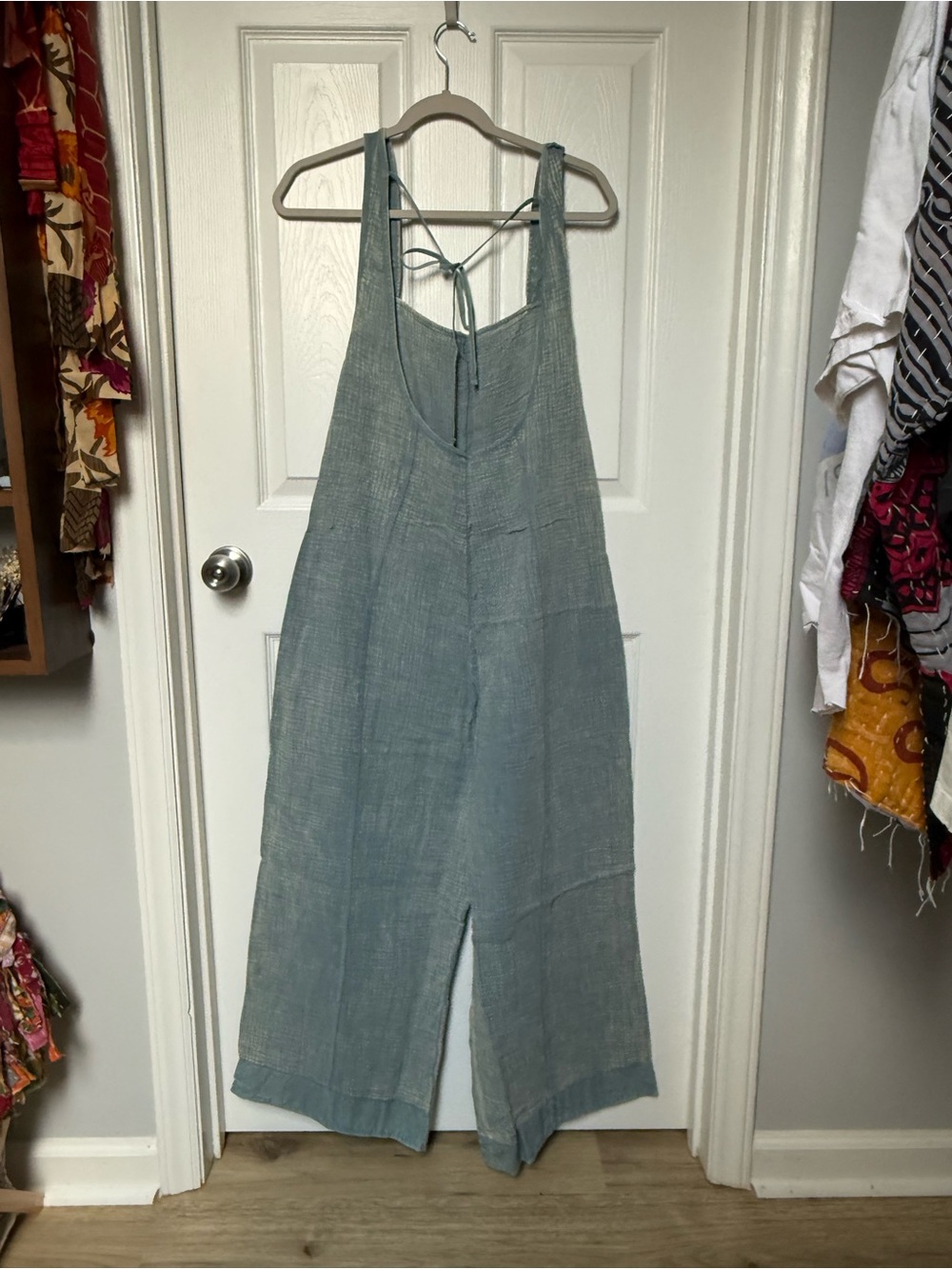 NWOT Zenana Outfitters Washed Blue Cotton-Linen Wide-Leg Overalls - Picture 4 of 8